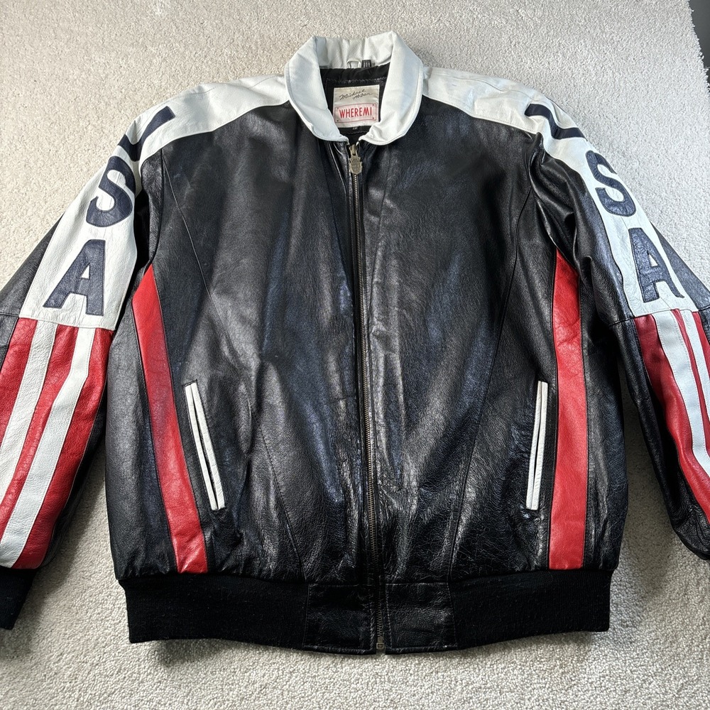 Michael Hoban Wheremi Leather Bomber Jacket Mens XXL USA Flag Patriotic American